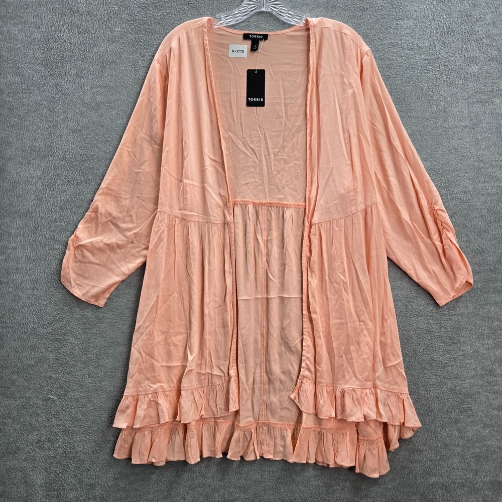 Torrid Women Sweater 2 Pink Stella Ruffle Hem Kimono Cardigan Long‎ Sleeve
